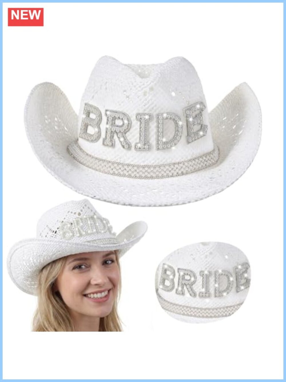 Straw Cowgirl Hat Pearl Bride Lettering Wide Brim Western Beach Bridal